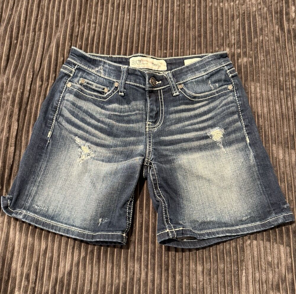 BKE Jean Shorts Stella Size 27 Low Rise Slightly Distressed Dark Wash/Faded